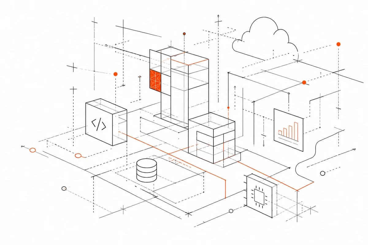 Isometric line illustration of connected engineering systems, including cloud, code, data and infrastructure elements