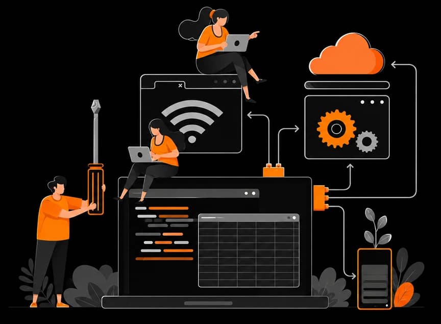 Illustration of a Technoworkz engineering team collaborating on laptops around a connected system of code, network and infrastructure panels
