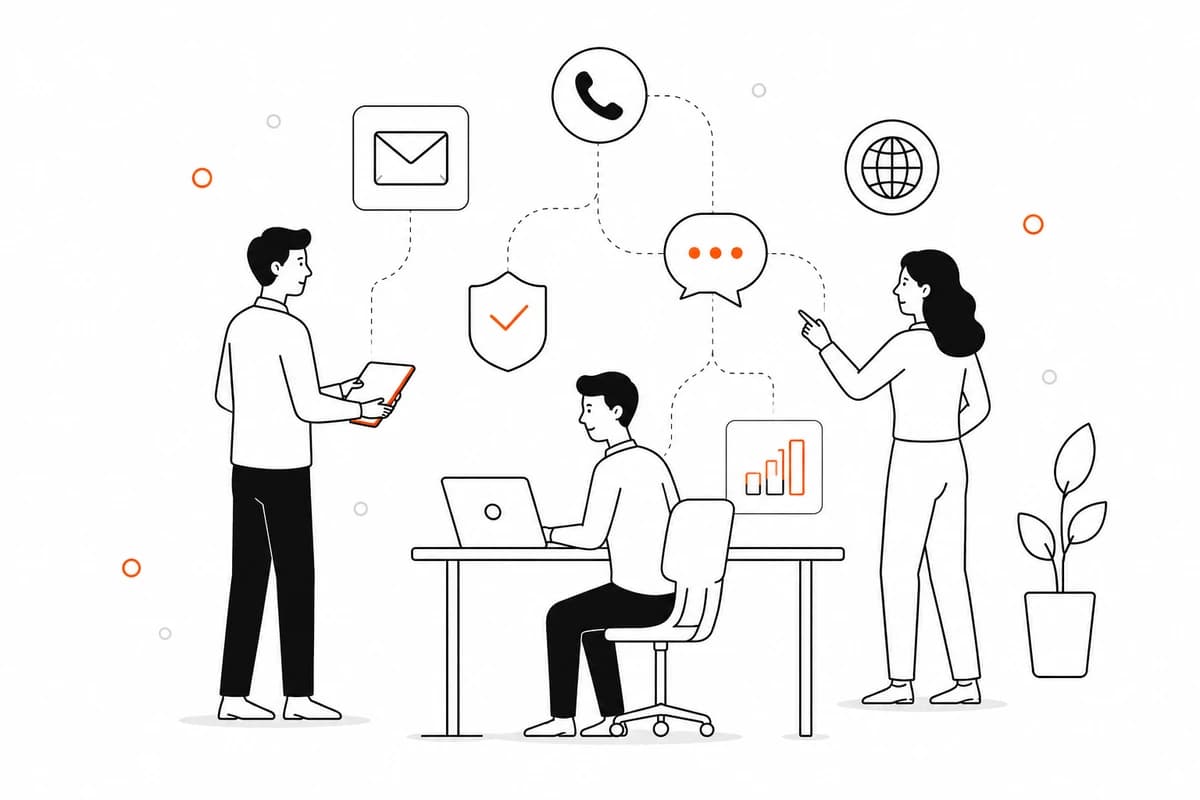 Illustration of a team communicating across email, phone and chat channels