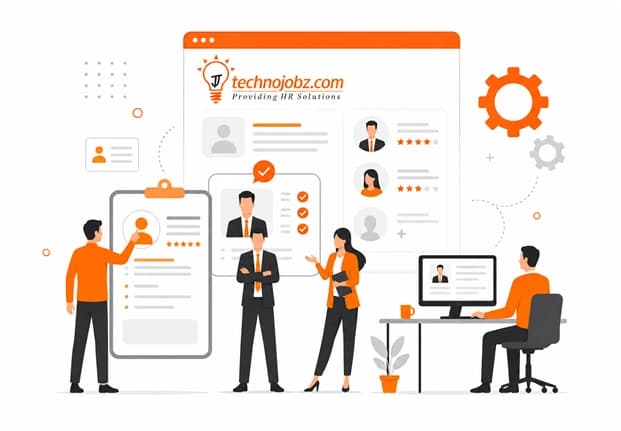 Illustration of the TechnoJobz recruitment platform: a hiring team reviewing candidate profiles, ratings and matches on the technojobz.com dashboard