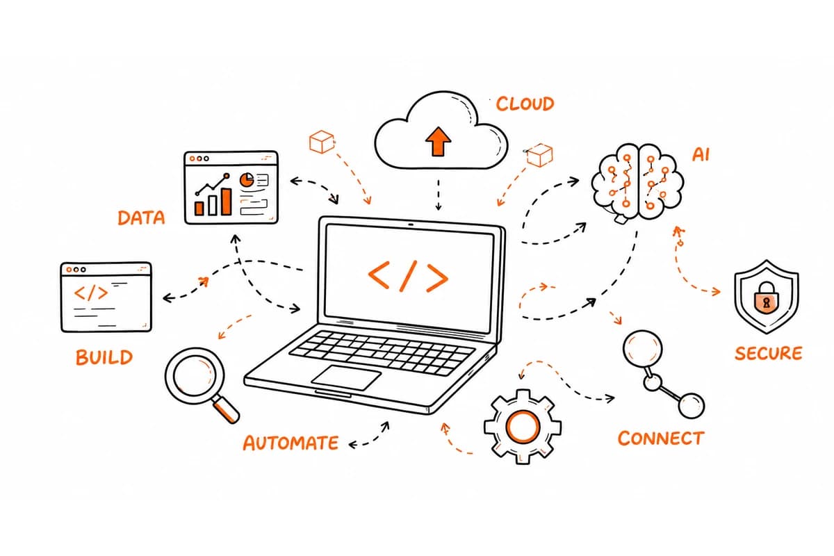 Illustration of connected build, data, cloud, AI and security technology systems