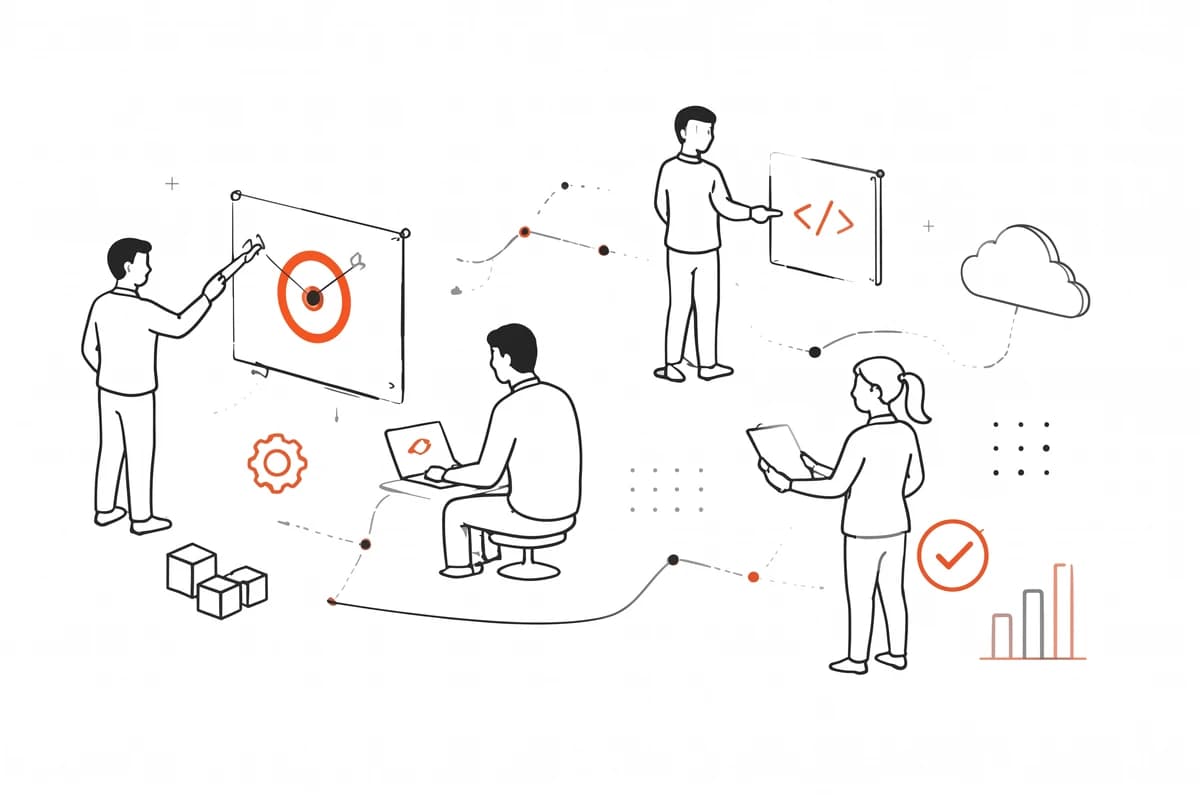 Illustration of a team collaborating on engineering goals, strategy and delivery